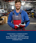 Smiling mechanic holding auto part in a garage with KAX logo and quality assurance message in text.