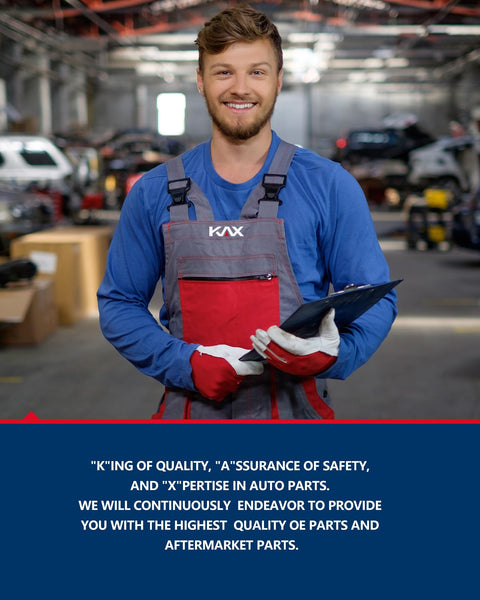Smiling mechanic holding auto part in a garage with KAX logo and quality assurance message in text.