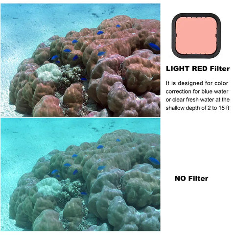 Comparison of coral with color correction underwater using light red filter from 3 Pack Dive Filter Set for GoPro Hero 5 6 7 Black Super Suit