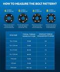 Diagram showing how to measure bolt patterns for 4, 5, 6, and 8 lug configurations, including stud sizes and torque ranges.