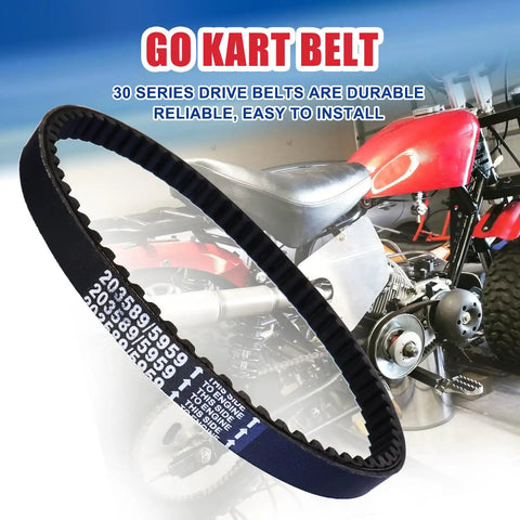 30 Series Go Kart Drive Belt For 212cc 196cc Engines displayed with mini bike and red go kart.