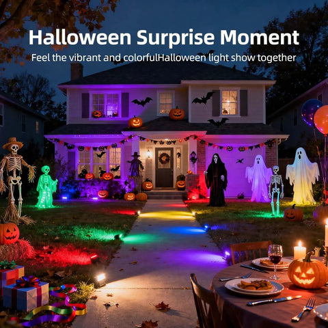 Halloween yard decorated with Outdoor 50W RGBW LED Flood Light With Remote Control, colorful lights on house and path