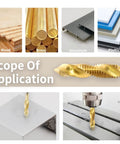 Gold drill bit demonstrating use on wood, brass, aluminum, plastic; part of All In One Tap And Drill Bit Set 6 Piece Combo With Countersink Hex Bits M3 M4 M5 M6 M8 M10 Gold Pro Grade DIY Ready Multi Use Tool Kit For Metal Wood Plastic Quick Cut And Clean Countersinks