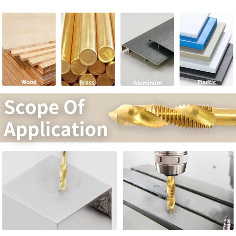 Gold drill bit demonstrating use on wood, brass, aluminum, plastic; part of All In One Tap And Drill Bit Set 6 Piece Combo With Countersink Hex Bits M3 M4 M5 M6 M8 M10 Gold Pro Grade DIY Ready Multi Use Tool Kit For Metal Wood Plastic Quick Cut And Clean Countersinks