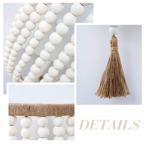 Bohemian Wood Beaded Wall Sconces Two Pack White Finish Rustic detail of beads and tassel accent