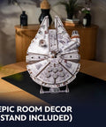 Millennium Falcon 3D Wooden Puzzle Kit With Lit LED Hyperdrive Glow DIY Mechanical Model 3D Brain Teaser For Adults realistic front view on stand