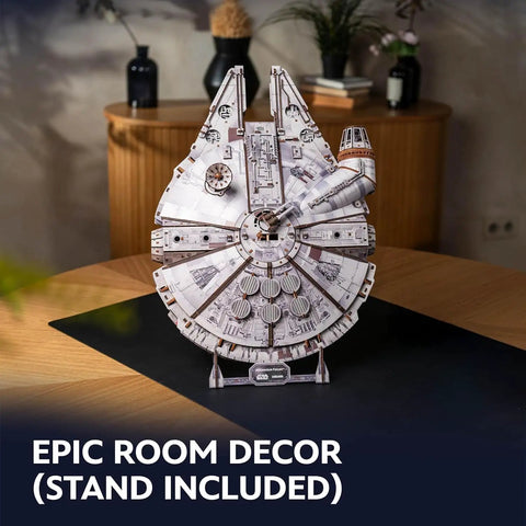 Millennium Falcon 3D Wooden Puzzle Kit With Lit LED Hyperdrive Glow DIY Mechanical Model 3D Brain Teaser For Adults realistic front view on stand