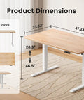 Sit Stand Electric Standing Desk 48 By 24 Inches With Quiet Motor Smooth Height Adjustment From 28 To 46 Inches Ergonomic Computer Desk With Splice Board White Frame And Maple Top Ideal For Home Office showing dimensions and color options.