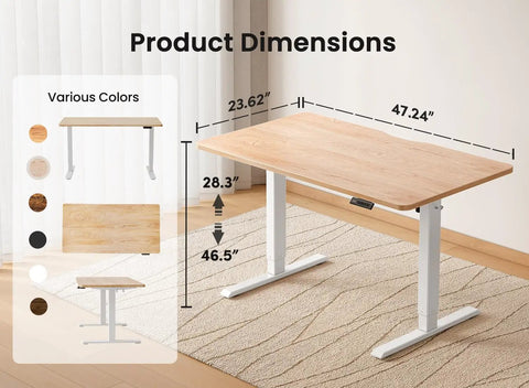 Sit Stand Electric Standing Desk 48 By 24 Inches With Quiet Motor Smooth Height Adjustment From 28 To 46 Inches Ergonomic Computer Desk With Splice Board White Frame And Maple Top Ideal For Home Office showing dimensions and color options.