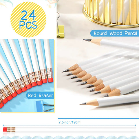 24 Pieces Round Pencils With Erasers HB Graphite Wood Pencils For School, Drawing And Sketching, Office Supplies, Craft Projects And Wedding Decor, White