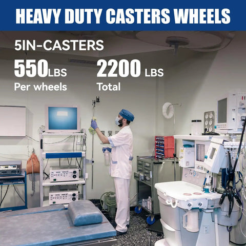 Straight Up 304 Grade Stainless Steel Casters 5 Inch Polyurethane Wheels Heavy Duty Set Of 4 rated for 2200 lbs in medical setting.