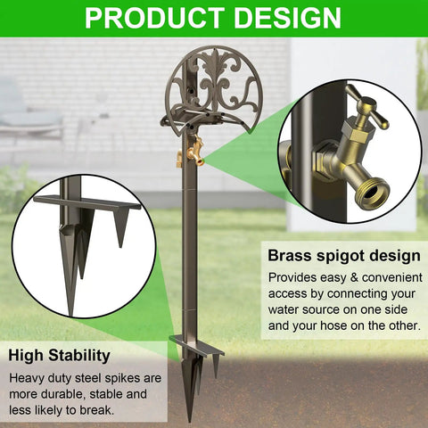 Heavy Duty Garden Hose Stand With Brass Faucet Detachable Hose Holder Freestanding Metal Reel For Outdoor Patio Yard