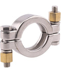 Stainless steel 304 sanitary tri-clamp coupling, 1.5 inch, bolted clamps with brass nuts.