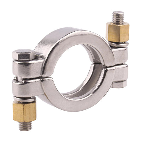 Stainless steel 304 sanitary tri-clamp coupling, 1.5 inch, bolted clamps with brass nuts.