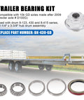 Trailer bearing kit components: metal bearings, bearing races, steel spacer rings, and oil seal for trailer axles