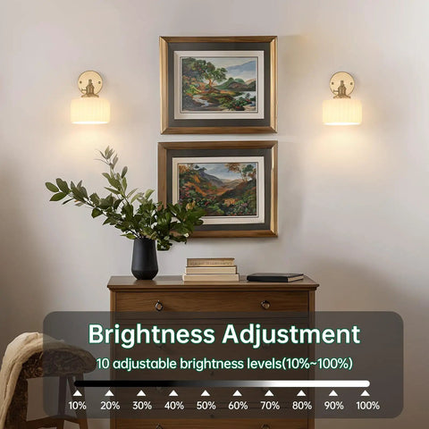 Room with Vintage Battery Operated Wall Sconce With White Striped Glass Lampshade above artwork on walls
