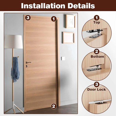 Hidden door hinge installed on wooden interior door; stainless steel, 570-lb load, 360° concealed hinge