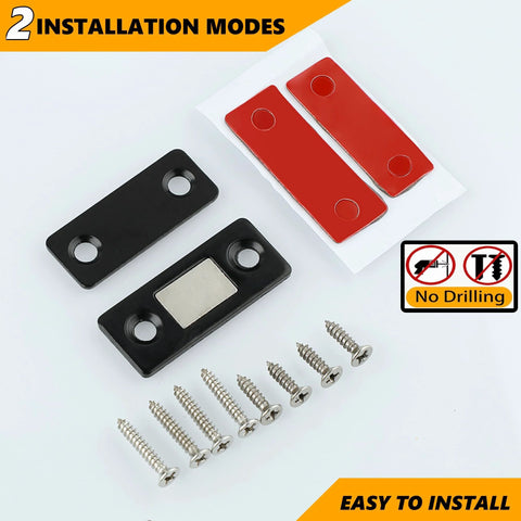 Ultra Thin Stainless Steel Magnetic Cabinet Catch 4 Pack with adhesive mount, screws, and matte black finish installation view.