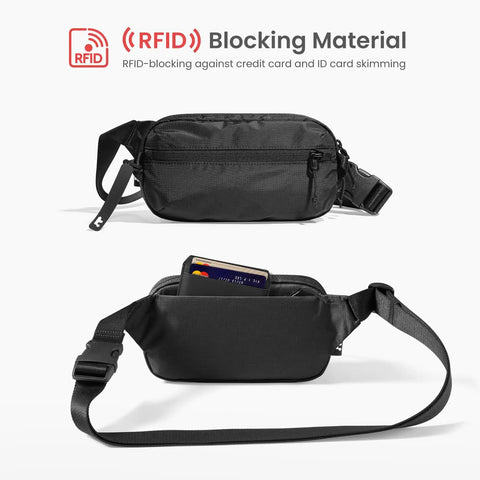 1.5L Sling Bag With RFID Blocking, Crossbody Chest Pack for Men and Women, black, water-resistant nylon, shown front and open back view