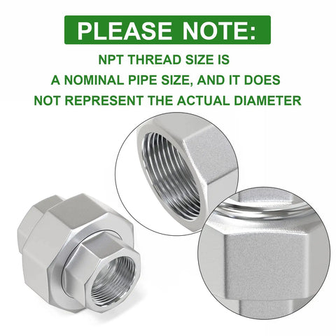 2 Pack 304 Stainless Steel Union Fittings 1 Inch NPT Male To 1 Inch NPT Female Cast Pipe Quick Connect Heavy Duty, Corrosion Resistant, Industrial Grade, Works From Minus 65 Degrees Fahrenheit To 250 Degrees Fahrenheit, shown with NPT size note