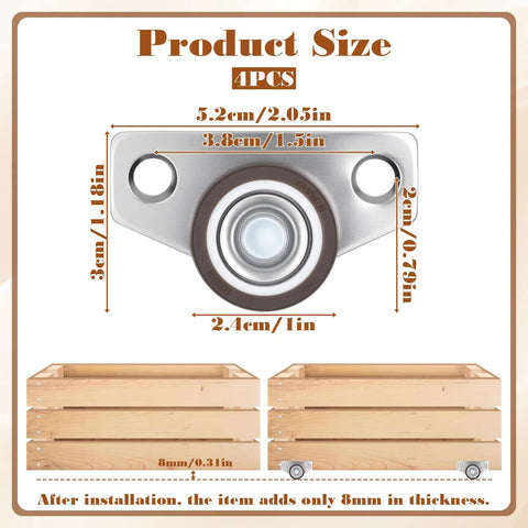 Diagram showing dimensions of 4 Piece Mini Side Mount Caster Wheels Set For Furniture And DIY Projects with box application.