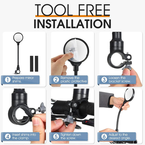 Tool-free installation of Rear View Bike Mirror Mount With Adjustable Rotatable Head, Wide Angle Acrylic Convex Safety Mirror