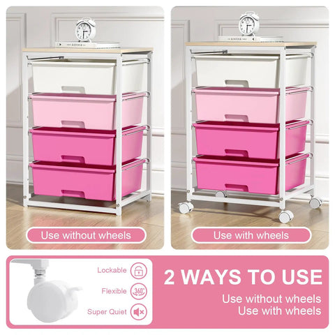 Slick Four Drawer Rolling Storage Cart In Bright Pink With Mega Capacity And Super Handy Wheels For Easy Organization Around The House Or Office Making Room Management A Sweet No Brainer Setup Today