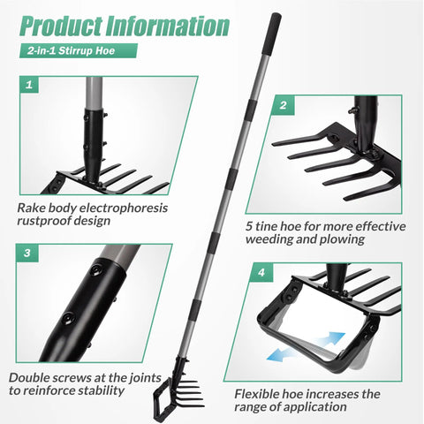 82 Inch Adjustable Garden Hoe And Cultivator Rake With Five Tines A 2 In 1 Weeding And Planting Tool For Loosening Soil Removing Weeds And Planting Seeds Heavy Duty Rustproof Metal Garden Tool For Quick Work shown with parts and features guide
