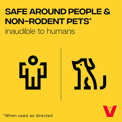 PestChaser Pro Heavy Duty Ultrasonic Rodent Repeller icon, safe for people and non-rodent pets, inaudible to humans, yellow background