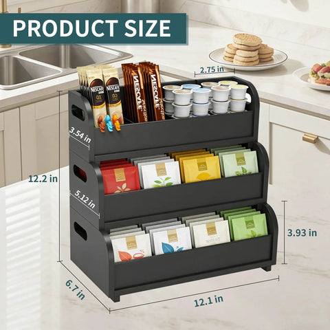 Three Layer Stackable Tea Bags Organizer Made From Bamboo With Large Capacity Go To Display Rack For Pantry Kitchen Office Coffee Station And Bars Restaurants Black
