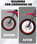 Before and after motorcycle wheel with Universal 72 Piece Spoke Covers Kit With Wheel Wraps For Eight To Twenty One Inch Rims