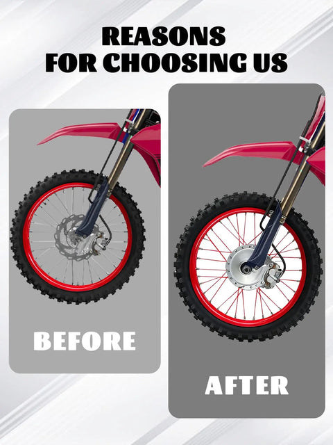 Before and after motorcycle wheel with Universal 72 Piece Spoke Covers Kit With Wheel Wraps For Eight To Twenty One Inch Rims