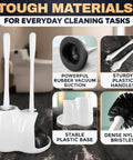 Premium Heavy Duty Toilet Plunger And Brush Set With Sleek Storage Stand Two In One Bathroom Cleaning Combo on countertop.