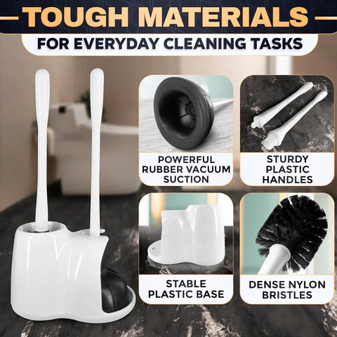 Premium Heavy Duty Toilet Plunger And Brush Set With Sleek Storage Stand Two In One Bathroom Cleaning Combo on countertop.