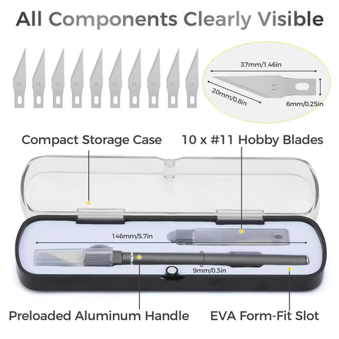 12 Piece Precision Craft Knife Set With Preloaded Aluminum Handle And 10 Size 11 Hobby Blades Plus Storage Case shown open
