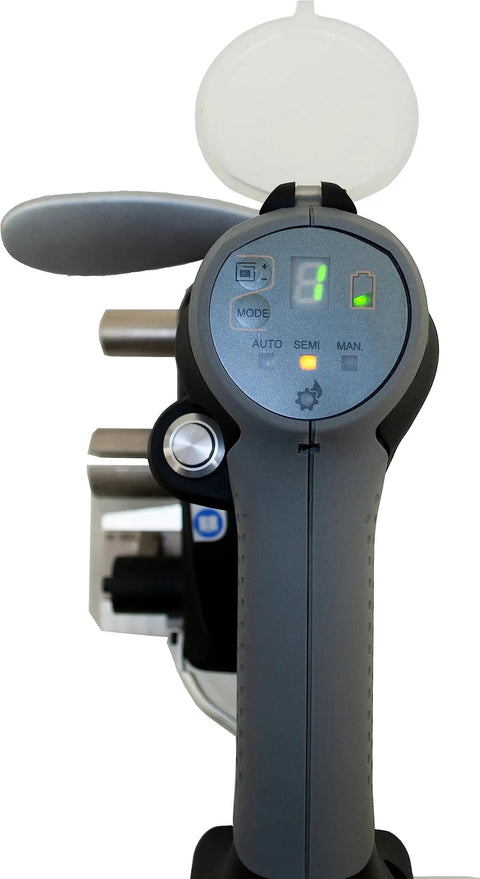 Front view of the Battery Powered Cord Strap Tensioner With Cutter For Woven And Composite Cord Strapping in various modes