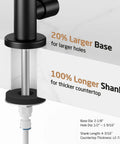 Knockout Matte Black Reverse Osmosis Kitchen Faucet showing 20% larger base and 100% longer shank for thicker countertops.