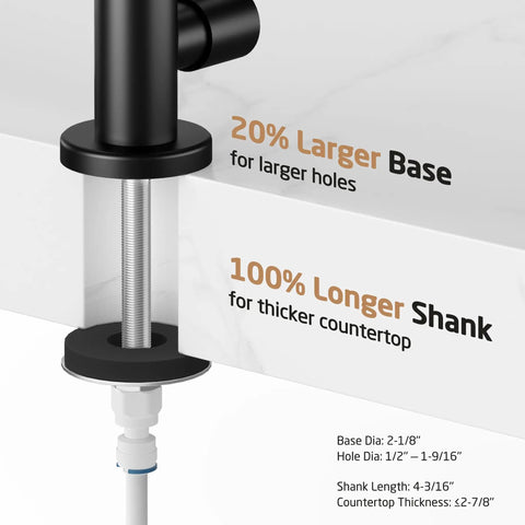 Knockout Matte Black Reverse Osmosis Kitchen Faucet showing 20% larger base and 100% longer shank for thicker countertops.