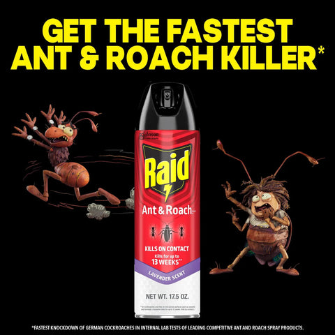 Ant and Roach Killer Spray with Lavender Scent, 17.5 oz can shown with cartoon bugs.