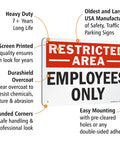 Restricted Area Employees Only Aluminum Sign 7 By 10 Inches Weatherproof Heavy Duty 40 Mil Rust Free Outdoor Sign With Rounded Corners And Safe Handling, red and white wall sign with mounting holes
