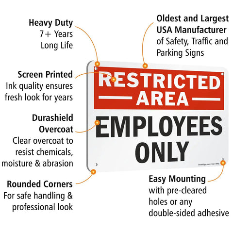 Restricted Area Employees Only Aluminum Sign 7 By 10 Inches Weatherproof Heavy Duty 40 Mil Rust Free Outdoor Sign With Rounded Corners And Safe Handling, red and white wall sign with mounting holes