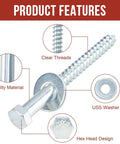 Heavy Duty One Quarter Inch By Three Inch Lag Bolts Set With 100 Pieces Lag Screws And 100 Pieces USS Flat Washers Zinc Plated Carbon Steel Outdoor Wood Fasteners With Deep Sharp Threads And Hex Heads For Decks Fences And Woodworking Projects, showing a close-up of the bolt, hex head, and washer with product features highlighted.