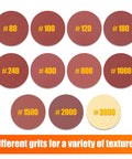 Heavy Duty 6 Inch Sanding Discs P180 Grit Aluminum Oxide Paper assortment showing various grit numbers for different textures.