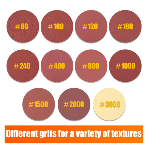 Heavy Duty 6 Inch Sanding Discs P180 Grit Aluminum Oxide Paper assortment showing various grit numbers for different textures.