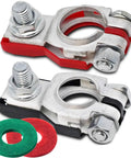 Nissan Battery Terminals Kit With Red Positive And Black Negative Connectors, durable plastic cover, shown with washers.
