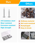 Comparison of 410 stainless steel self tapping screws for metal kit and ordinary screws, highlighting rust resistance and durability