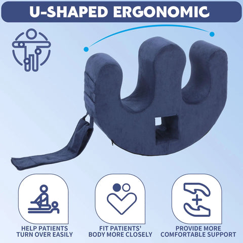 Easy Bedridden Patient Turning Pillow With Handle Hole U Shaped Velvet Nursing Pillow for caregivers, showing U-shape and strap
