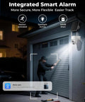 Night scene showing Wireless Outdoor Security Camera Kit with 5G and 2.4G WiFi, spotlight active, detecting motion near garage.