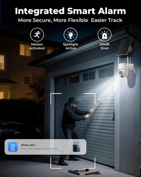 Night scene showing Wireless Outdoor Security Camera Kit with 5G and 2.4G WiFi, spotlight active, detecting motion near garage.