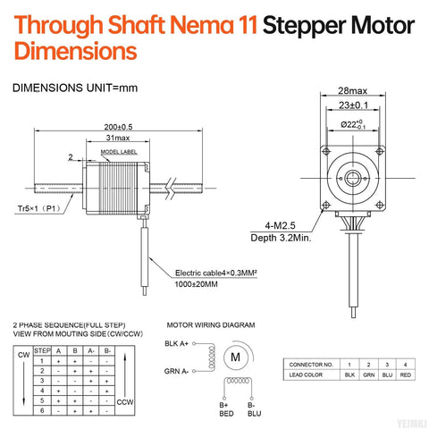 Technical diagram of Through Shaft Nema 11 Stepper Motor with dimensions and wiring diagram for 3D printer CNC DIY robots.